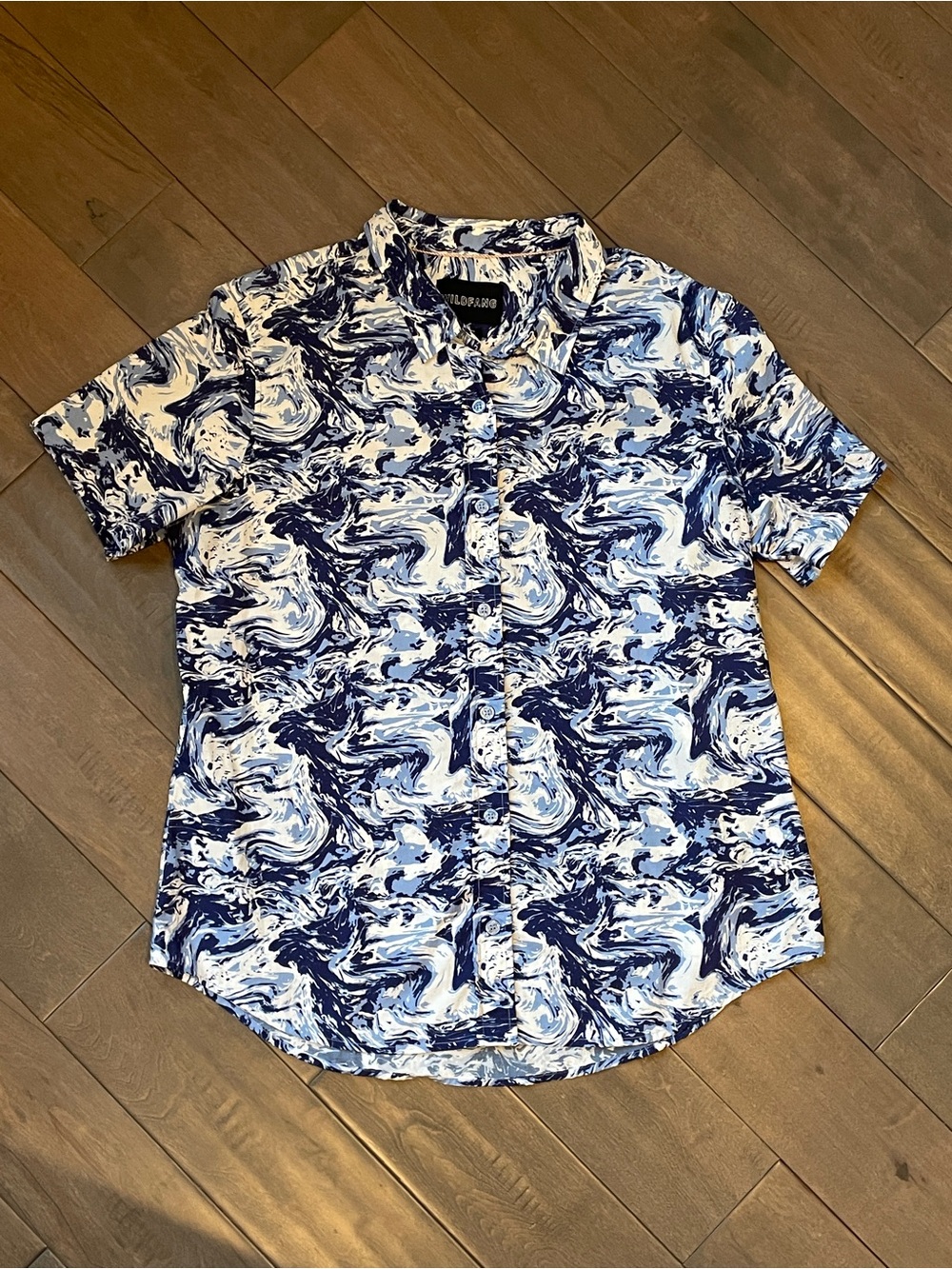Wildfang Essential Button-Up Blue/White Marble Swirl Print Shirt -Size XL